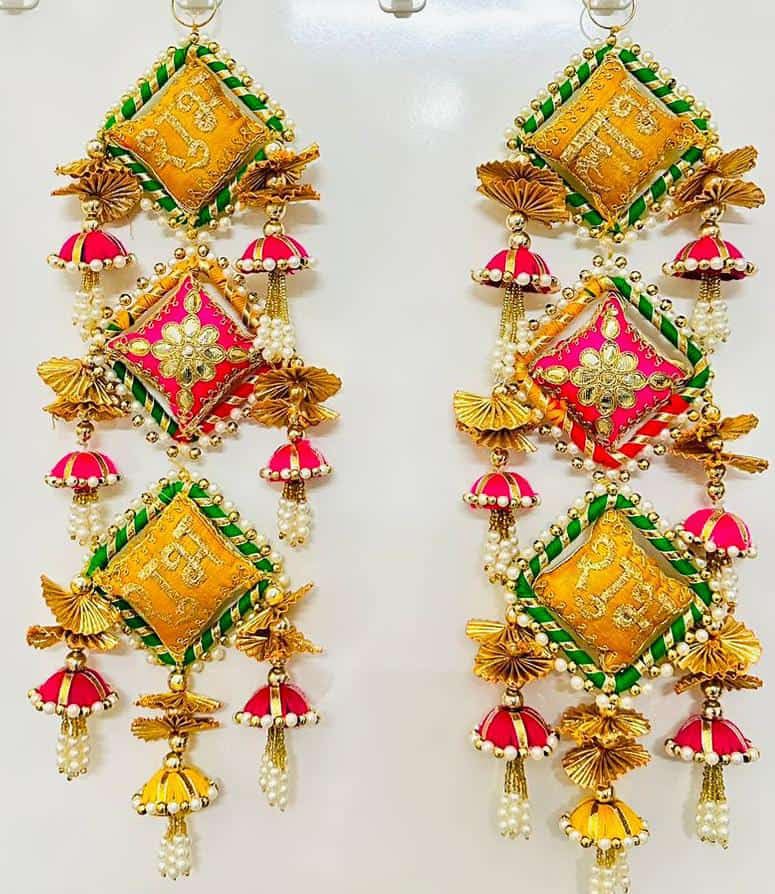 Sellplus Handmade Subh Labh Wall Door Multicolor Pom Pom String with Jhumki Latkan Beads Hanging Torans
