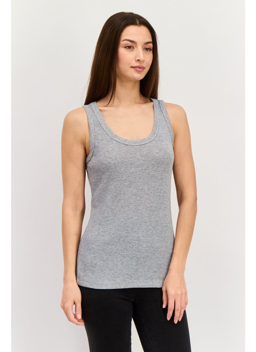 ESPRIT Women Round Neck Sleeveless Textured Tank Tops, Grey  - Image 1
