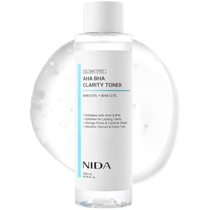 NIDA تونر نيدا AHA BHA للوضوح | AHA 0.1%، BHA 0.1%، نياسيناميد، سنتيلا أسياتيكا | تقشير، ترطيب، التحكم في المسام، توحيد اللون | 6.76 أونصة سائلة، 200 مل - Image 1