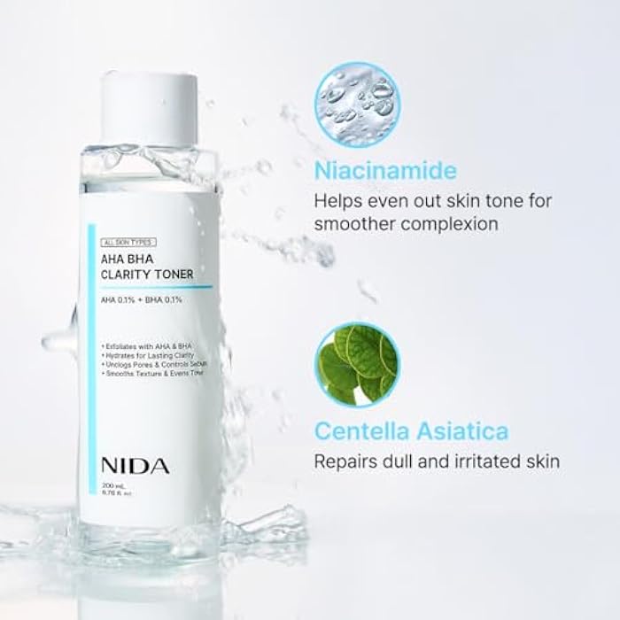 NIDA تونر نيدا AHA BHA للوضوح | AHA 0.1%، BHA 0.1%، نياسيناميد، سنتيلا أسياتيكا | تقشير، ترطيب، التحكم في المسام، توحيد اللون | 6.76 أونصة سائلة، 200 مل - Image 4