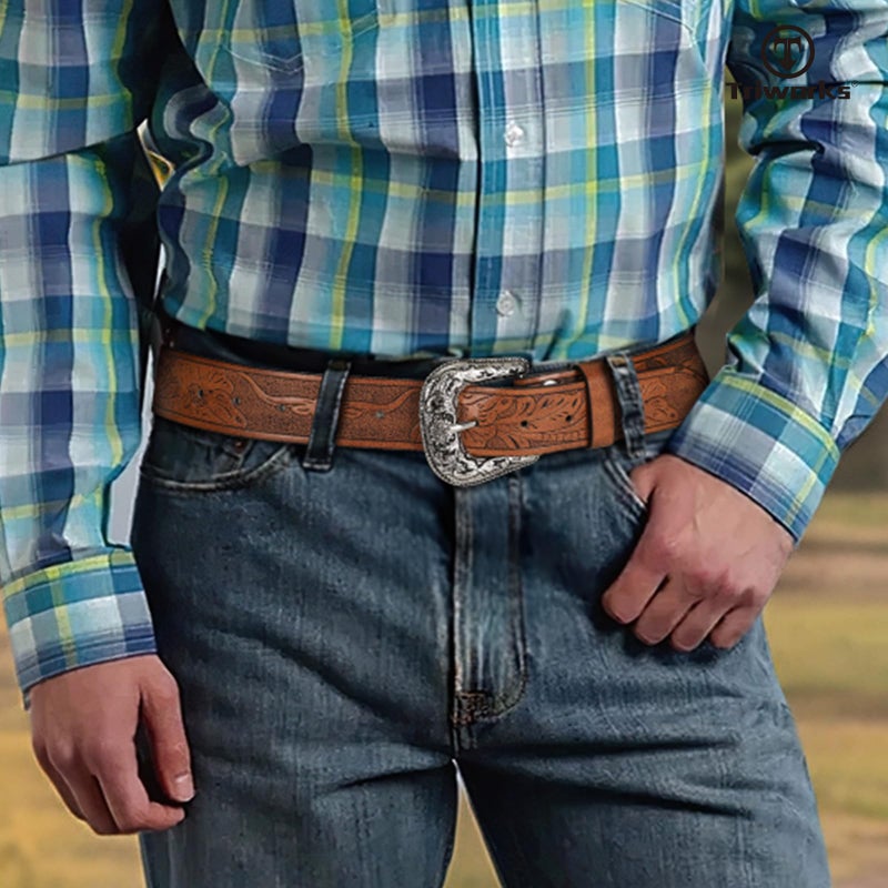 TRIWORKS Adjustable Vintage Western Belts for Women Men Cowboy Cowgirl Belt Engraved Buckle Belt for Jeans Pants Dresses - Image 4