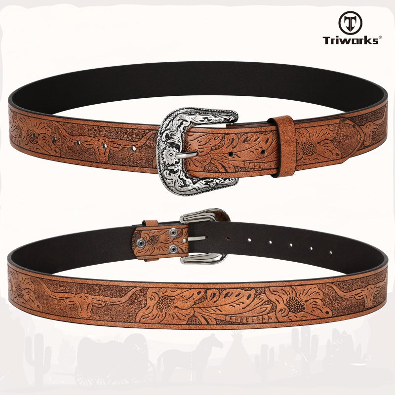 TRIWORKS Adjustable Vintage Western Belts for Women Men Cowboy Cowgirl Belt Engraved Buckle Belt for Jeans Pants Dresses - Image 5