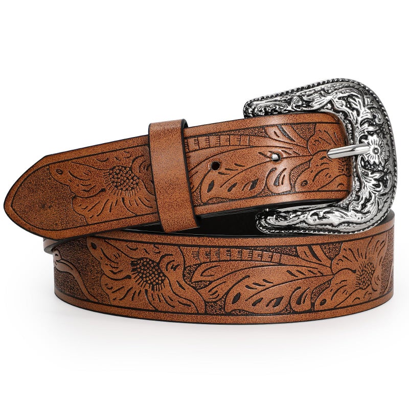 TRIWORKS Adjustable Vintage Western Belts for Women Men Cowboy Cowgirl Belt Engraved Buckle Belt for Jeans Pants Dresses - Image 1