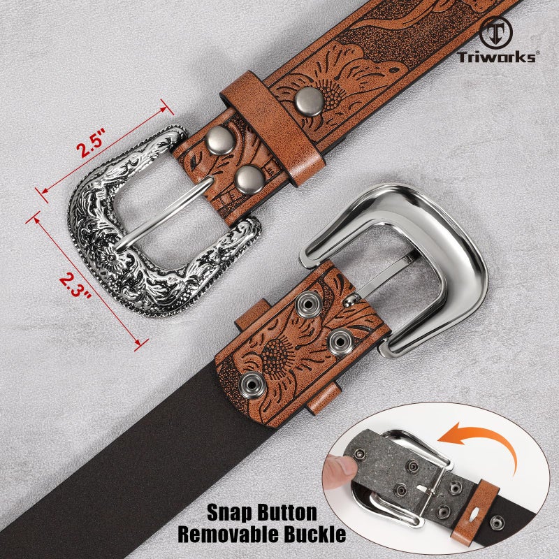 TRIWORKS Adjustable Vintage Western Belts for Women Men Cowboy Cowgirl Belt Engraved Buckle Belt for Jeans Pants Dresses - Image 2