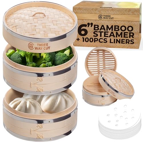 THREE WAY CUT 6 inch Dumpling Bamboo Steamer 2 Tier (Steel Reinforced) W/ 100PCS Liners - 2 Bamboo Steamer Basket & Lid, Dumpling Steamers For Food Cooking Steaming Bao Bun, Dim Sum Chinese Asian & Vegetables - Image 1
