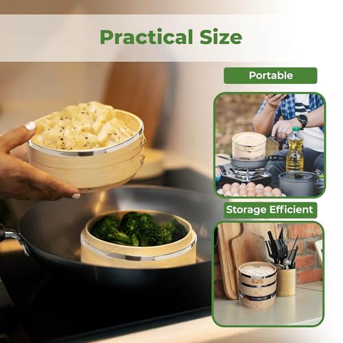THREE WAY CUT 6 inch Dumpling Bamboo Steamer 2 Tier (Steel Reinforced) W/ 100PCS Liners - 2 Bamboo Steamer Basket & Lid, Dumpling Steamers For Food Cooking Steaming Bao Bun, Dim Sum Chinese Asian & Vegetables - Image 4