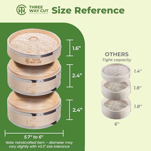 THREE WAY CUT 6 inch Dumpling Bamboo Steamer 2 Tier (Steel Reinforced) W/ 100PCS Liners - 2 Bamboo Steamer Basket & Lid, Dumpling Steamers For Food Cooking Steaming Bao Bun, Dim Sum Chinese Asian & Vegetables - Image 5