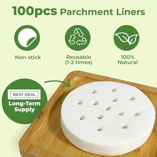 THREE WAY CUT 6 inch Dumpling Bamboo Steamer 2 Tier (Steel Reinforced) W/ 100PCS Liners - 2 Bamboo Steamer Basket & Lid, Dumpling Steamers For Food Cooking Steaming Bao Bun, Dim Sum Chinese Asian & Vegetables - Image 3