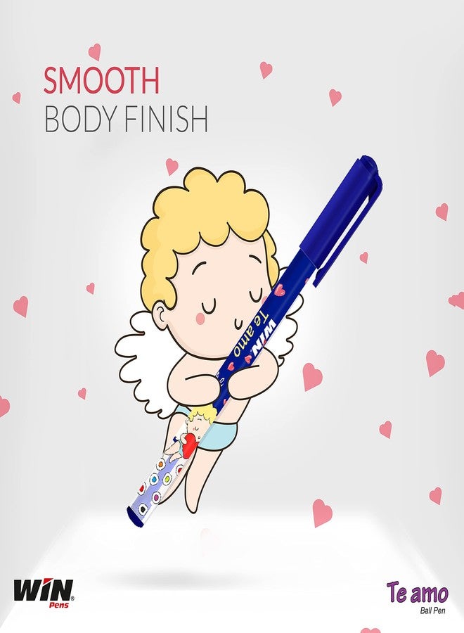 دبليو آي أن اربح أقلام Te Amo Bal | 100 قلم (60 حبر أزرق و40 حبر أسود) | سحر الحبر الجل في قلم حبر جاف | رأس 0.7 مم لكتابة سلسة | تصميم أنيق وجذاب مطبوع عليه ملاك وقلب | Te Amo bole toh Love - Image 4