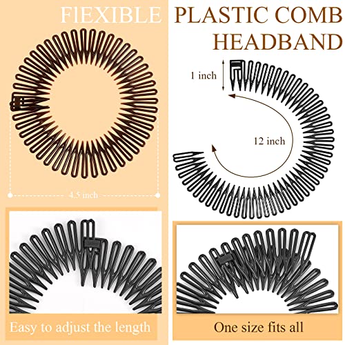 Potchen 20 Pcs Full Circular Stretch Comb Flexible Circle Comb Circular Plastic Headband with Teeth 90s Hair Accessories Hairband Holder for Women Yoga Sports(Black, Coffee, Clear, White) - Image 2