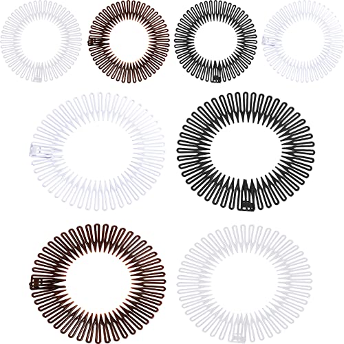 Potchen 20 Pcs Full Circular Stretch Comb Flexible Circle Comb Circular Plastic Headband with Teeth 90s Hair Accessories Hairband Holder for Women Yoga Sports(Black, Coffee, Clear, White) - Image 1