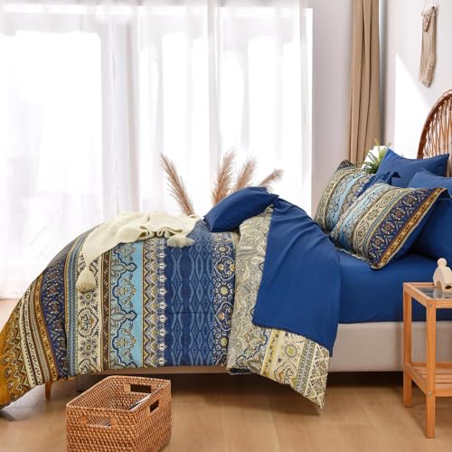 Cottolester طقم لحاف كوتولستر بوهيميان كوين 8 قطع، بني أزرق، لحاف بوهيمي مزخرف بخطوط، طقم سرير من الألياف الدقيقة لجميع الفصول - Image 5