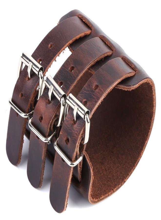 STWTR Men's leather broadband Cuff Bracelet guard wristband alloy fastening armor cuffs (Brown-2.7 inches wide) - Image 3