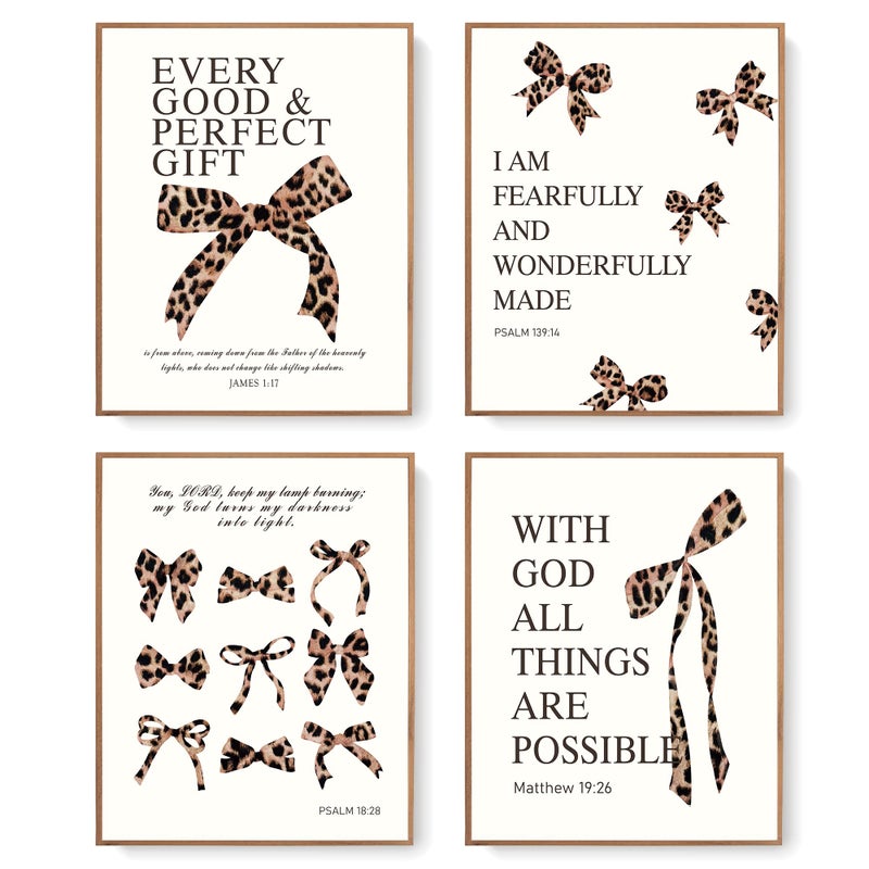 LARTSFRO Coquette Leopard Bow Wall Art Decor Posters, Y2K Cheetah Leopard Bow Room Bedroom Bathroom Dorm Wall Art Decor Aesthetic for College Teen Girls Gifts, Inspirational Bible Verses Bow Wall Decor, 10x8 Inch Set of 4 Pcs Cheetah Bow Pictures (UNFRAMED) - Image 1
