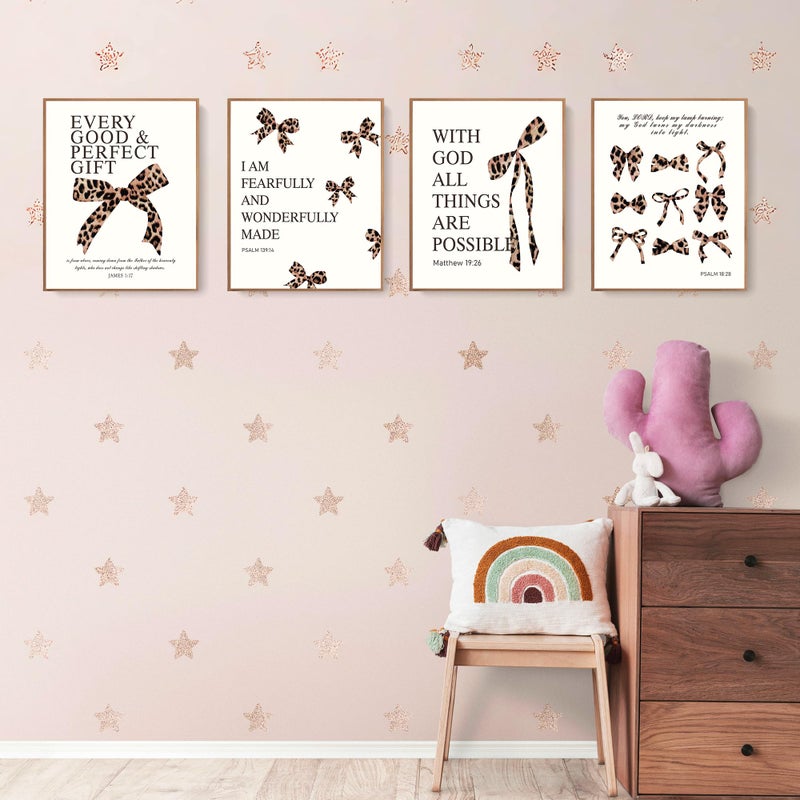 LARTSFRO Coquette Leopard Bow Wall Art Decor Posters, Y2K Cheetah Leopard Bow Room Bedroom Bathroom Dorm Wall Art Decor Aesthetic for College Teen Girls Gifts, Inspirational Bible Verses Bow Wall Decor, 10x8 Inch Set of 4 Pcs Cheetah Bow Pictures (UNFRAMED) - Image 3
