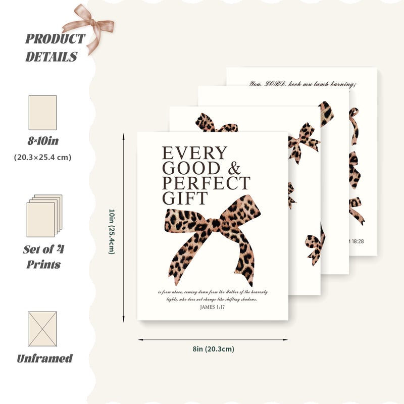 LARTSFRO Coquette Leopard Bow Wall Art Decor Posters, Y2K Cheetah Leopard Bow Room Bedroom Bathroom Dorm Wall Art Decor Aesthetic for College Teen Girls Gifts, Inspirational Bible Verses Bow Wall Decor, 10x8 Inch Set of 4 Pcs Cheetah Bow Pictures (UNFRAMED) - Image 2