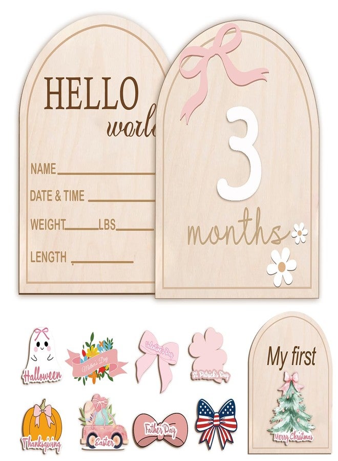 eoscasely Monthly Baby Milestone Wooden Signs, Double-Sided Bow-Themed Baby Milestone Discs with Hello World & My First Holiday Designs – Cute Baby Announcement Sign & Photoshoot Props for Boys and Girls (Bow) - Image 1