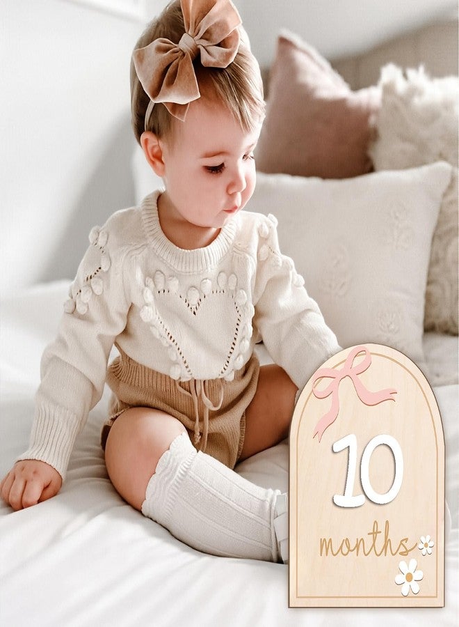 eoscasely Monthly Baby Milestone Wooden Signs, Double-Sided Bow-Themed Baby Milestone Discs with Hello World & My First Holiday Designs – Cute Baby Announcement Sign & Photoshoot Props for Boys and Girls (Bow) - Image 2