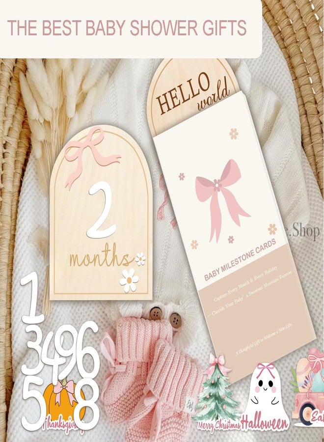 eoscasely Monthly Baby Milestone Wooden Signs, Double-Sided Bow-Themed Baby Milestone Discs with Hello World & My First Holiday Designs – Cute Baby Announcement Sign & Photoshoot Props for Boys and Girls (Bow) - Image 5
