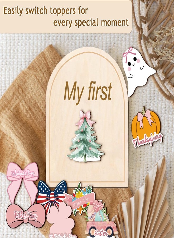 eoscasely Monthly Baby Milestone Wooden Signs, Double-Sided Bow-Themed Baby Milestone Discs with Hello World & My First Holiday Designs – Cute Baby Announcement Sign & Photoshoot Props for Boys and Girls (Bow) - Image 3