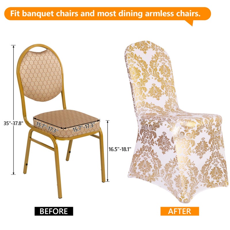 Desirable Life Pack of 4 Dining Chair Covers Bronzing Gold Flower Print Removable Washable Spandex Stretch Decorative Chair Slipcovers Set for Party Wedding Home Decorations - Gold+White - Image 2
