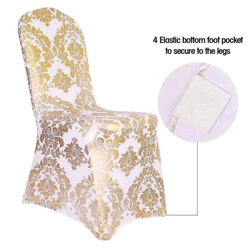 Desirable Life Pack of 4 Dining Chair Covers Bronzing Gold Flower Print Removable Washable Spandex Stretch Decorative Chair Slipcovers Set for Party Wedding Home Decorations - Gold+White - Image 4