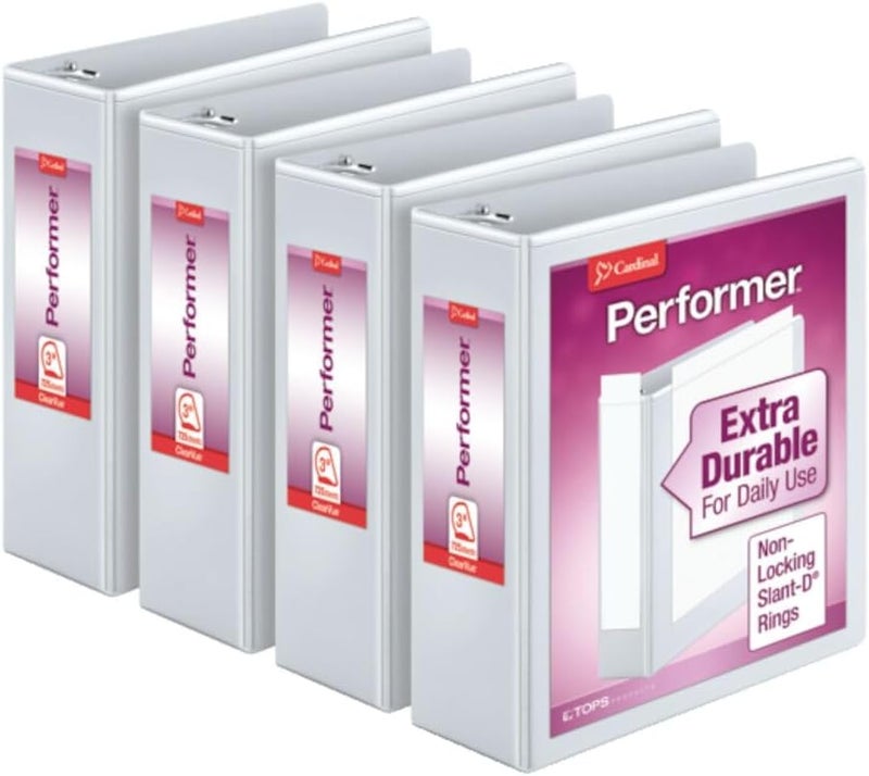 Cardinal Performer 3-Ring Binders, 3", Non-Locking Slant-D Rings, 725-Sheet Capacity, ClearVue Presentation, Non-Stick, PVC-Free, White, 4-Pack (27600) - Image 1