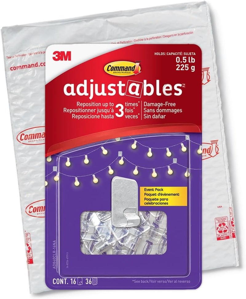 Command Adjustables Repositionable 1/2 lb Clips, 16 Hooks, 36 Strips/Pack - Image 1