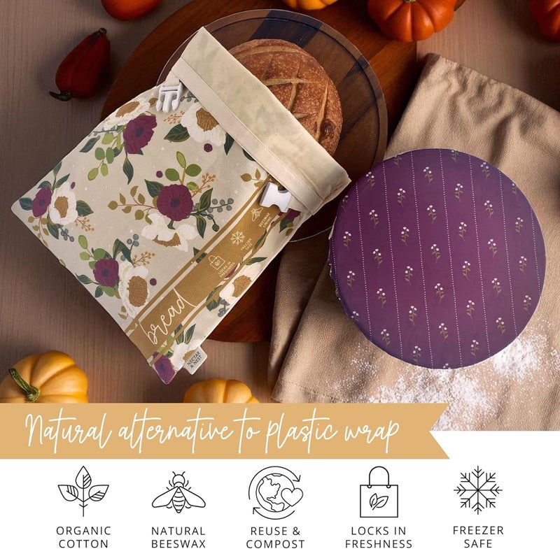 Nectar & Nest مجموعة خباز الخبز، أكياس شمع النحل القابلة لإعادة الاستخدام للخبز المنزلي، حقيبة العجين المخمر، غطاء وعاء شمع النحل من القطن العضوي، سلسلة الفنانين المحدودة (أزهار ديسمبر بواسطة فن ماكنزي نيلسون) - Image 5