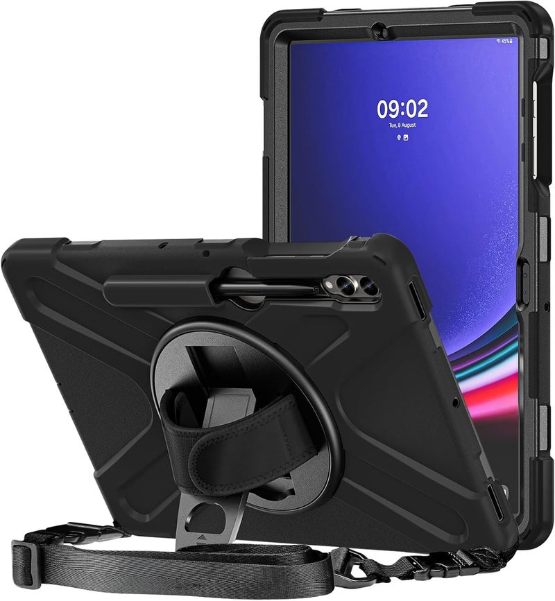Procases Rugged Case For 12.4" Galaxy Tab S10+ 2024/ Tab S9 Plus 2023/ S9 Fe+ / S8 Plus 2022/ S7 Fe 2021/ S7 Plus 2020 With S Pen Holder, Heavy Duty Shockproof Protective Cover With Hand Strap -Black - Image 1