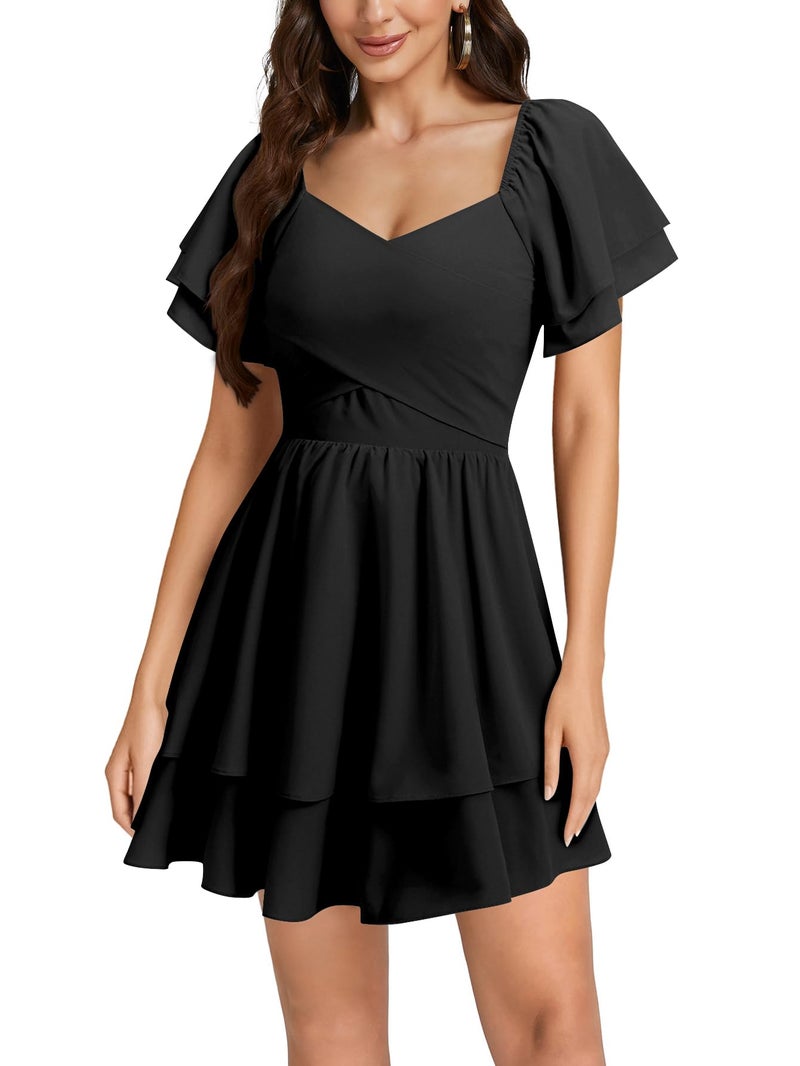 Rooscier Women's Tie Back Wrap V Neck Layered Ruffle Hem A Line Short Sleeve Mini Dress Black Medium - Image 2