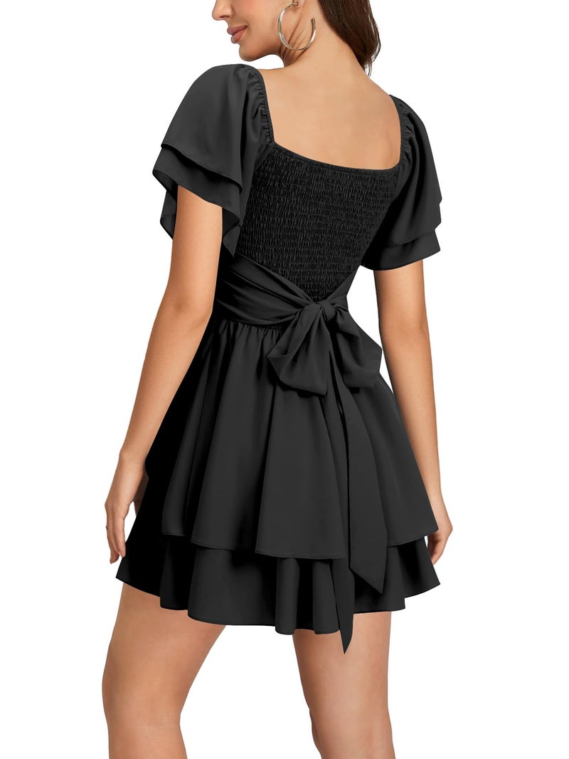 Rooscier Women's Tie Back Wrap V Neck Layered Ruffle Hem A Line Short Sleeve Mini Dress Black Medium - Image 4