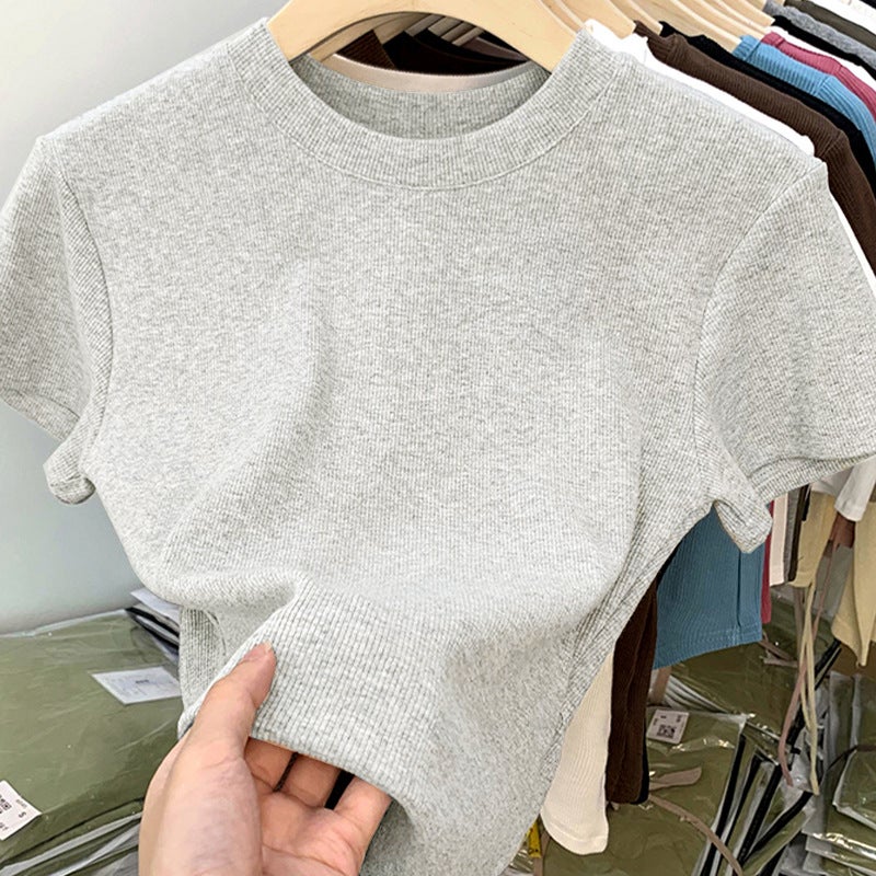 TikTok Quality American Style Back Bag Collar T-Shirt Womens Shoulder Short Sleeve European New Slimming Cotton Stacked Base Top YXQ#888# white - Image 4