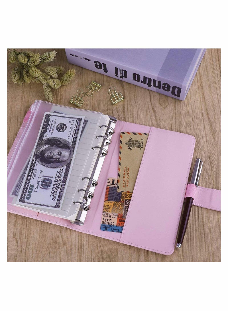 A6 PU Leather Notebook Binder Refillable 6 Ring Binder Cover for A6 Filler Paper Binder Pockets, Personal Planner Binder, Pink with Magnetic Buckle