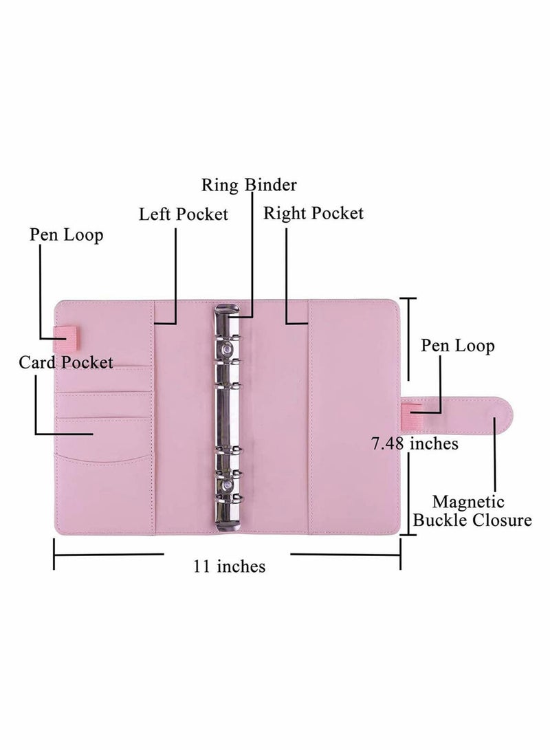 A6 PU Leather Notebook Binder Refillable 6 Ring Binder Cover for A6 Filler Paper Binder Pockets, Personal Planner Binder, Pink with Magnetic Buckle