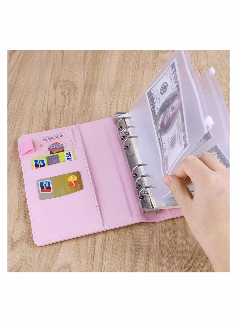 A6 PU Leather Notebook Binder Refillable 6 Ring Binder Cover for A6 Filler Paper Binder Pockets, Personal Planner Binder, Pink with Magnetic Buckle