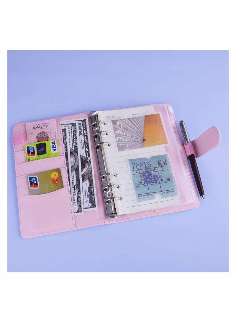 A6 PU Leather Notebook Binder Refillable 6 Ring Binder Cover for A6 Filler Paper Binder Pockets, Personal Planner Binder, Pink with Magnetic Buckle