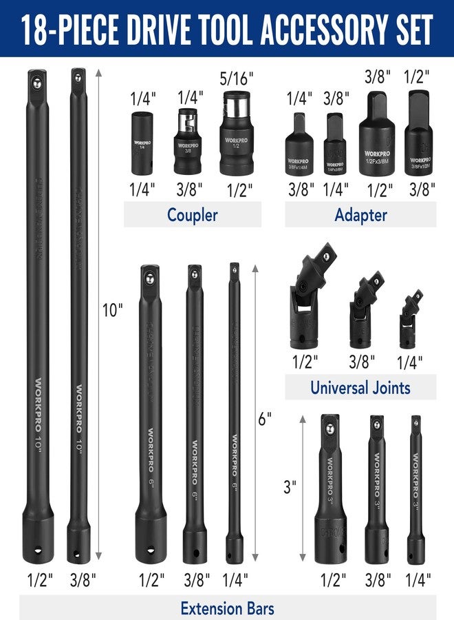 WORKPRO 18-Piece Impact Socket Extension Set, Includes Socket Adapters, Ratchet Extension Set, Socket Extension Bar, Swivel Universal Joints and Impact Coupler, 1/4", 3/8" & 1/2" Drive - Image 2