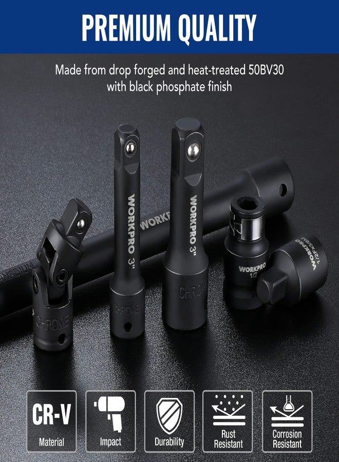 WORKPRO 18-Piece Impact Socket Extension Set, Includes Socket Adapters, Ratchet Extension Set, Socket Extension Bar, Swivel Universal Joints and Impact Coupler, 1/4", 3/8" & 1/2" Drive - Image 3