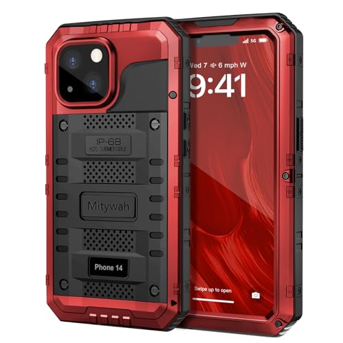 Mitywah Waterproof Case for iPhone 14 Heavy Duty Shockproof Case with Builtin Screen Protector Full Body Underwater Protective Metal Case 61 inch Red - Image 1