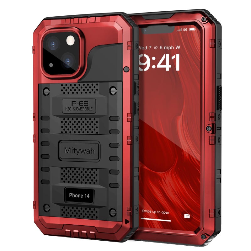 Mitywah Waterproof Case for iPhone 14 Heavy Duty Shockproof Case with Builtin Screen Protector Full Body Underwater Protective Metal Case 61 inch Red - Image 2