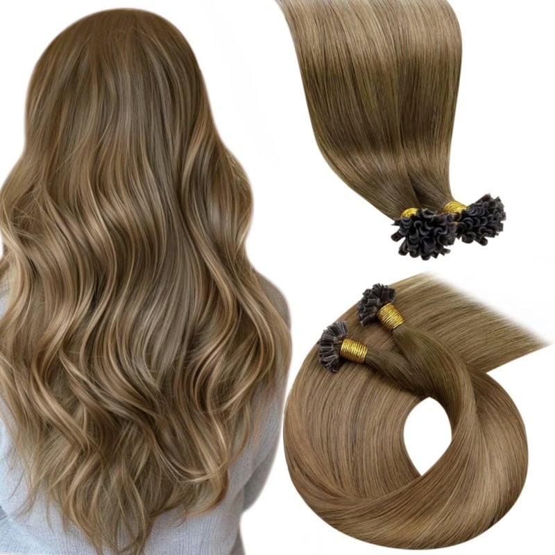 LaaVoo U Tip Hair Extensions Human Hair Ombre Brown to Light Brown Mix Golden Brown K Tips Hair Extensions Human Hair Ombre Fusion Keratin Hair Extensions Human Hair 50g 50s 22in