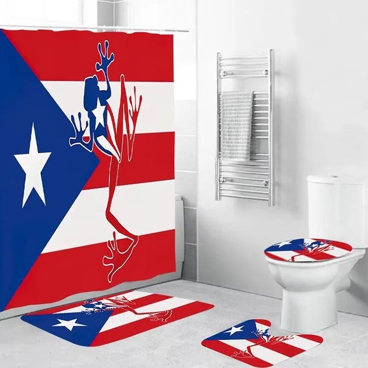 Bluejw 4 Pcs Shower Curtain Sets Puerto Rico Flag Waterproof  Bathroom Set with Non-Slip Rugs Toilet Lid Cover Bath Mat - Image 1