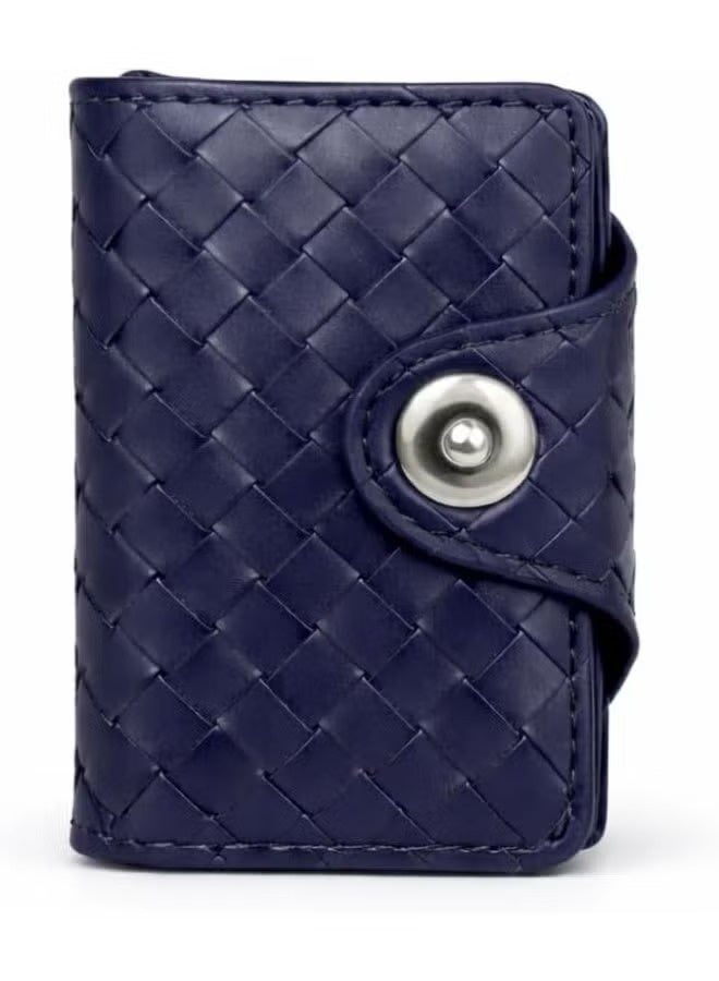 زوبا محفظة بطاقات ونقود صغيرة من الجلد المجدول بفتحات متعددة وقفل كبس - كحلي - Image 1