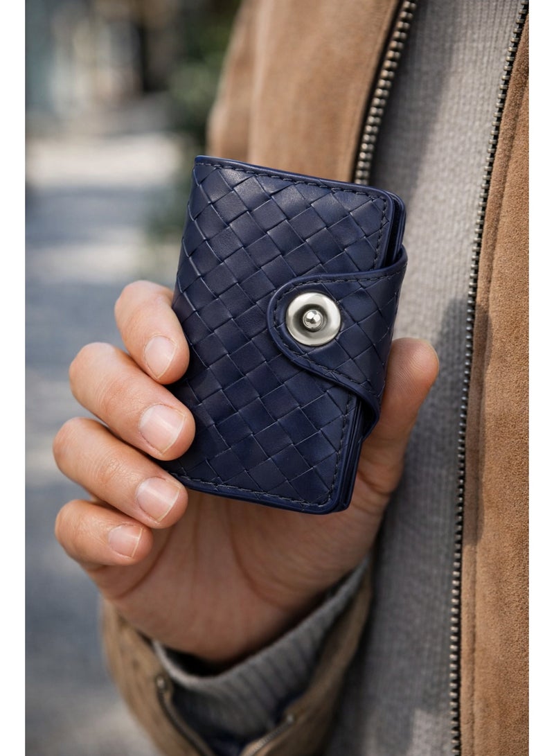 زوبا محفظة بطاقات ونقود صغيرة من الجلد المجدول بفتحات متعددة وقفل كبس - كحلي - Image 2