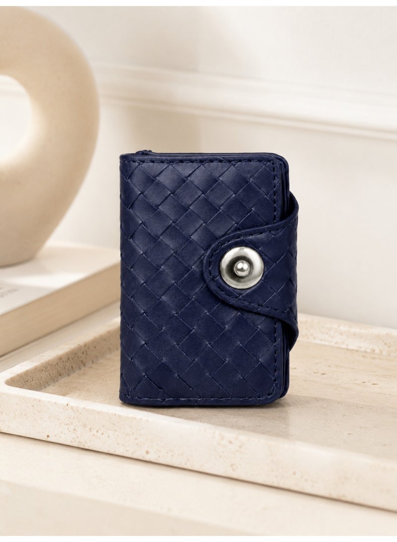 zoba Small braided leather card and cash wallet with multiple slots and snap closure - Navy - Image 3