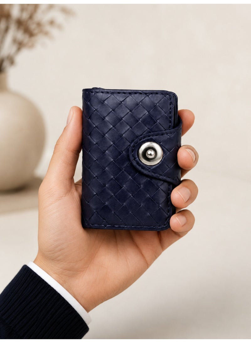 zoba Small braided leather card and cash wallet with multiple slots and snap closure - Navy - Image 4
