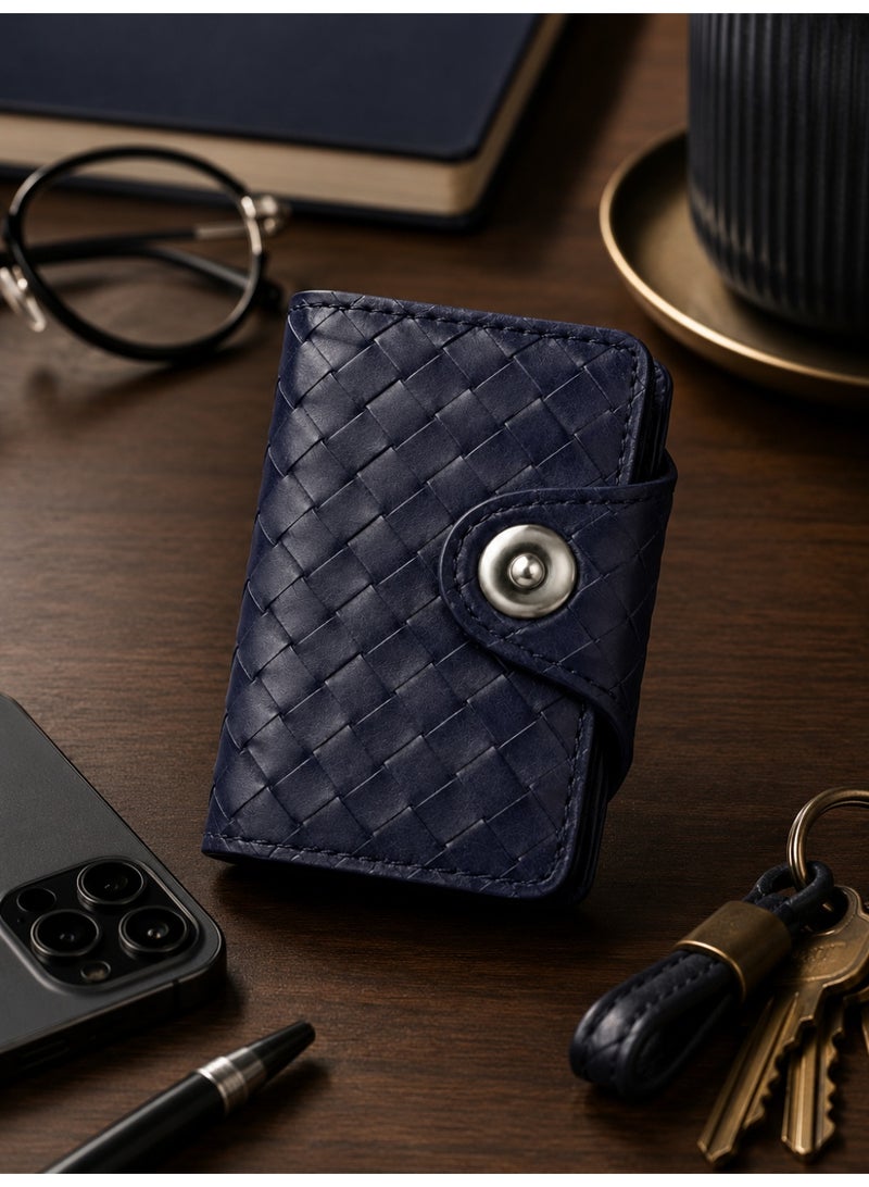zoba Small braided leather card and cash wallet with multiple slots and snap closure - Navy - Image 5