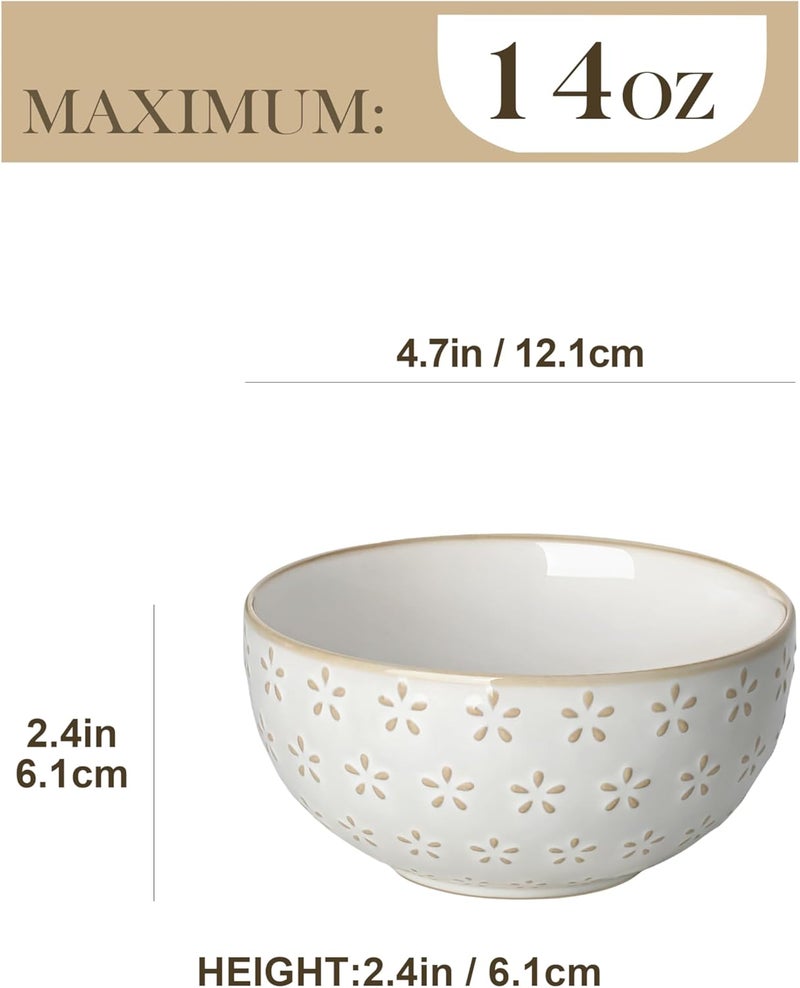 MALACASA Small Bowls 14 Ounce Ice Cream Bowl Stoneware Dessert Bowls Set of 4 with Embossment for Snack Chip Fruits Side Dishes  45 Inch Arctic White Series LYDIA - Image 2