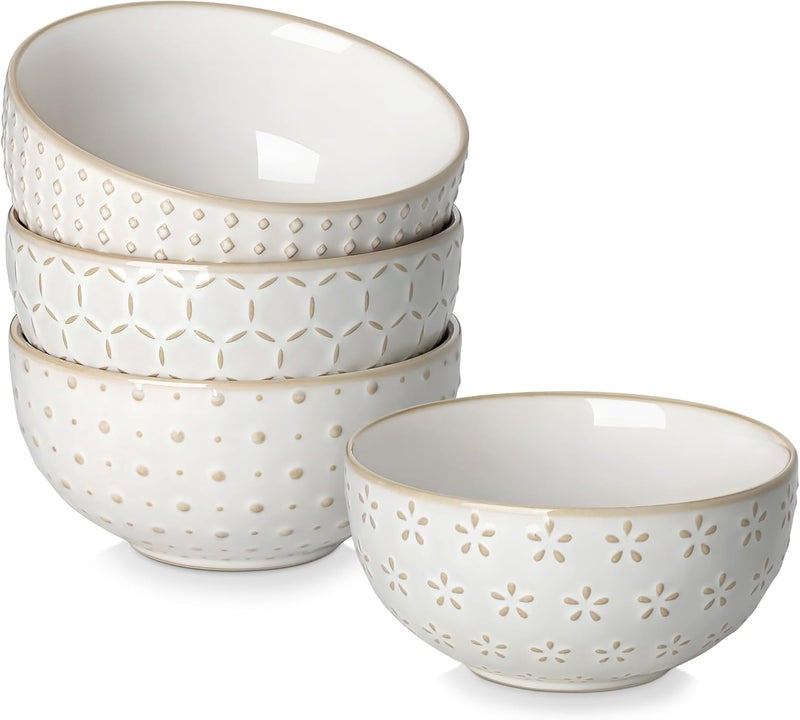 MALACASA Small Bowls 14 Ounce Ice Cream Bowl Stoneware Dessert Bowls Set of 4 with Embossment for Snack Chip Fruits Side Dishes  45 Inch Arctic White Series LYDIA - Image 1